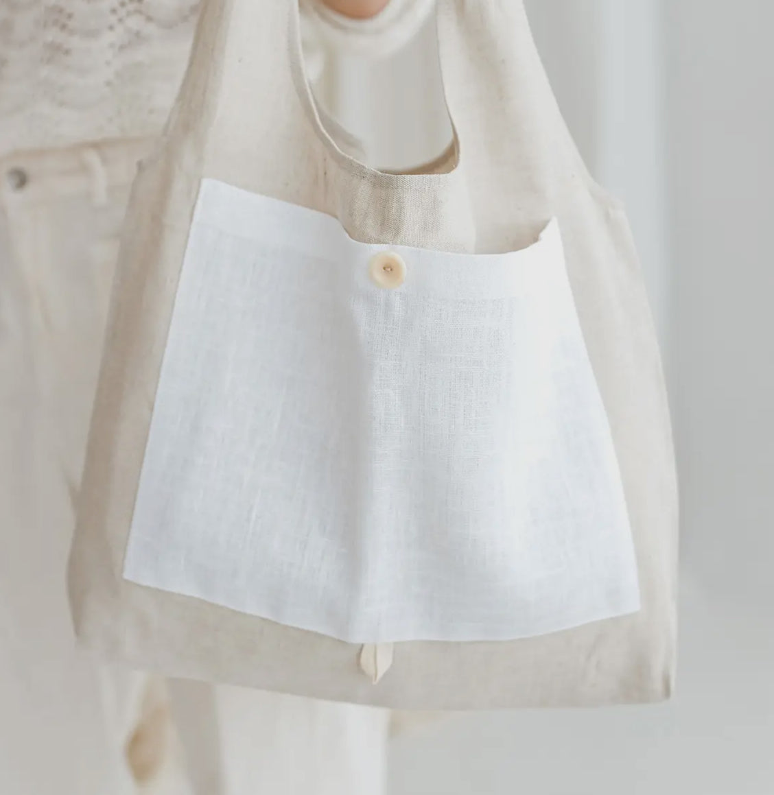 Foldable Linen Bag- Black/Natural / White