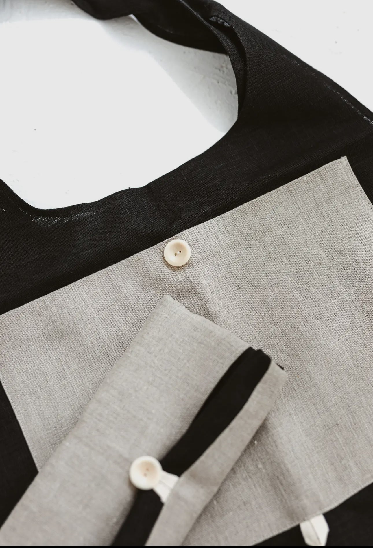 Foldable Linen Bag- Black/Natural / White