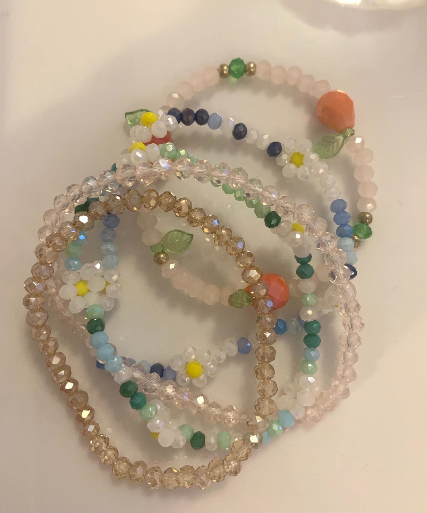 &nbsp;Sparkle Bracelet £3.50  Gorgeous Elasticated Sparkle Bracelet available in Rose, Champagne, Blue Flower, Green Flower, Apricot Flower, Peach Fruit and Leaf Bead  Perfect for layering