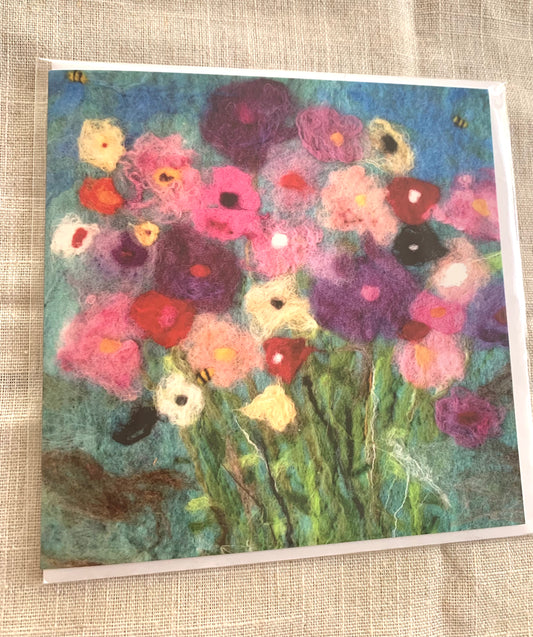 Flower Bouquet with Bees  £3.50  Crd from a felting of a flower boquet with bees by Cornish based artist Rowena Scotney  and inspired also by a line by the poet Mary Oliver - 'Sometimes I need only to stand where I am to be blessed' - printed on the back&nbsp;