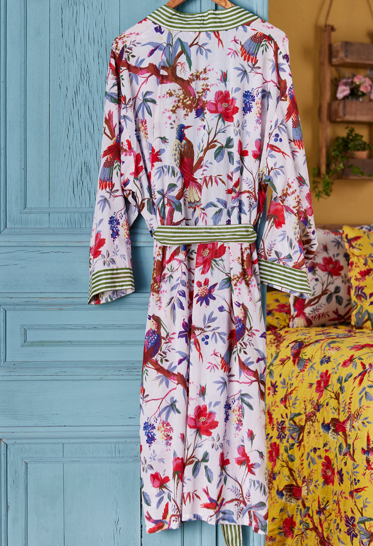 Hand Printed Dressing Gown  White Bird of Paradise  £46  Wrap around style with belt, two pockets and roomy sleeves.  100% cotton.  Hand crafted and Fairly traded in India