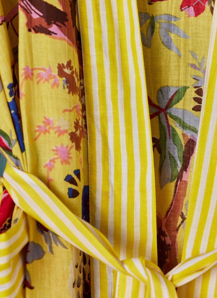 Hand Printed Dressing Gown  Yellow Bird of Paradise  £46  Wrap around style with belt, two pockets and roomy sleeves.  100% cotton.  Hand crafted and Fairly traded in India