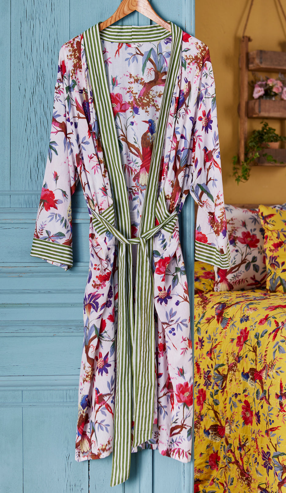 Hand Printed Dressing Gown  White Bird of Paradise  £46  Wrap around style with belt, two pockets and roomy sleeves.  100% cotton.  Hand crafted and Fairly traded in India