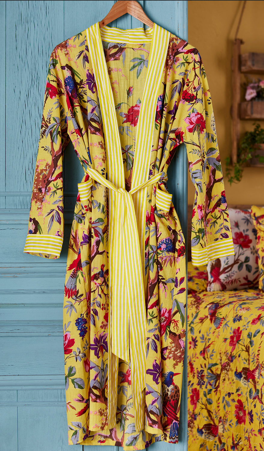 Hand Printed Dressing Gown  Yellow Bird of Paradise  £46  Wrap around style with belt, two pockets and roomy sleeves.  100% cotton.  Hand crafted and Fairly traded in India