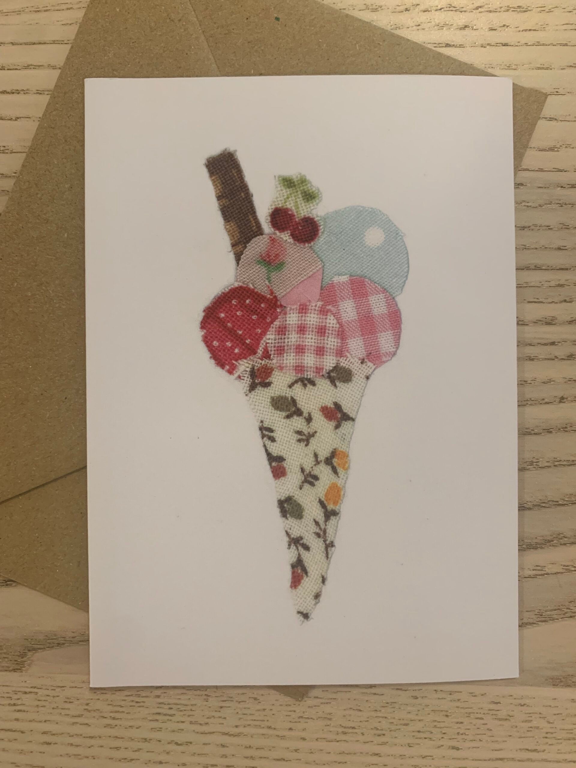 Ice Cream Card from an original fabric collage by Danielle Mason-Pike  £2.50  Greetings Card with Brown Kraft Envelope  Blank inside for your own message  Exclusive to Seawitch Stores  Designed &amp; Printed in Cornwall