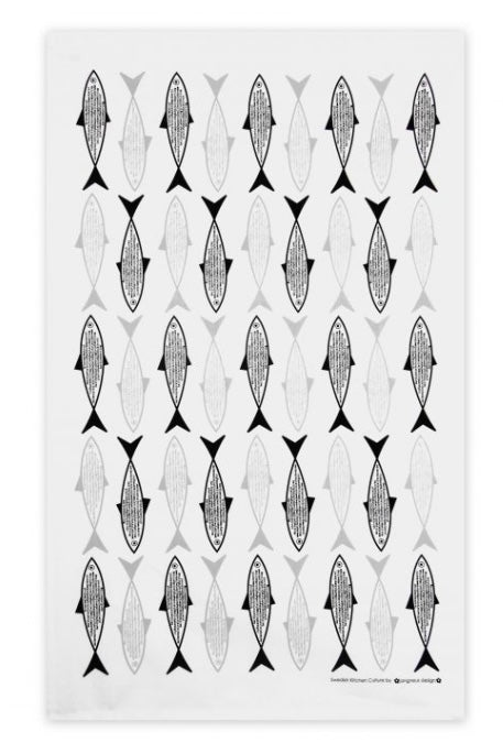 Tea Towel – Black Fish £12.50  Black Fish Tea Towel - beautiful quality  Cotton, machine washable &amp; made in the UK  Comes with a hanging loop  size 48cm x 76cm Shop small. Shop independent. Perfect gift. Sardine teatowel. Fish kitchen, Chef gift, coastal living, coastal kitchen, coastal life, coastal style.