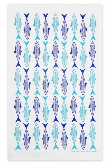 Tea Towel -Blue Fish £12.50  Blue Sardines Tea Towel - beautiful quality.  Cotton, machine washable &amp; made in the UK  Comes with a hanging loop  size 48cm x 76cm