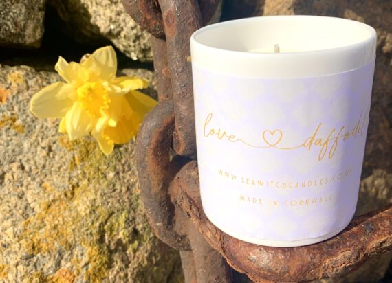 Love Daffodil Candle  £22  Beautiful Daffodil Scented Candle  Burn time of at least 50 hours  &nbsp; Ingredients: natural vegan plant wax, fragrance oils, cotton wick  &nbsp; This candle is hand poured into a white china pot and is made in Mousehole, Cornwall by Seawitch Candles Love Candles. Love Florals. Candle lover, Cornish daffodils, tete a tete, Daffs, shop small, shop handmade.