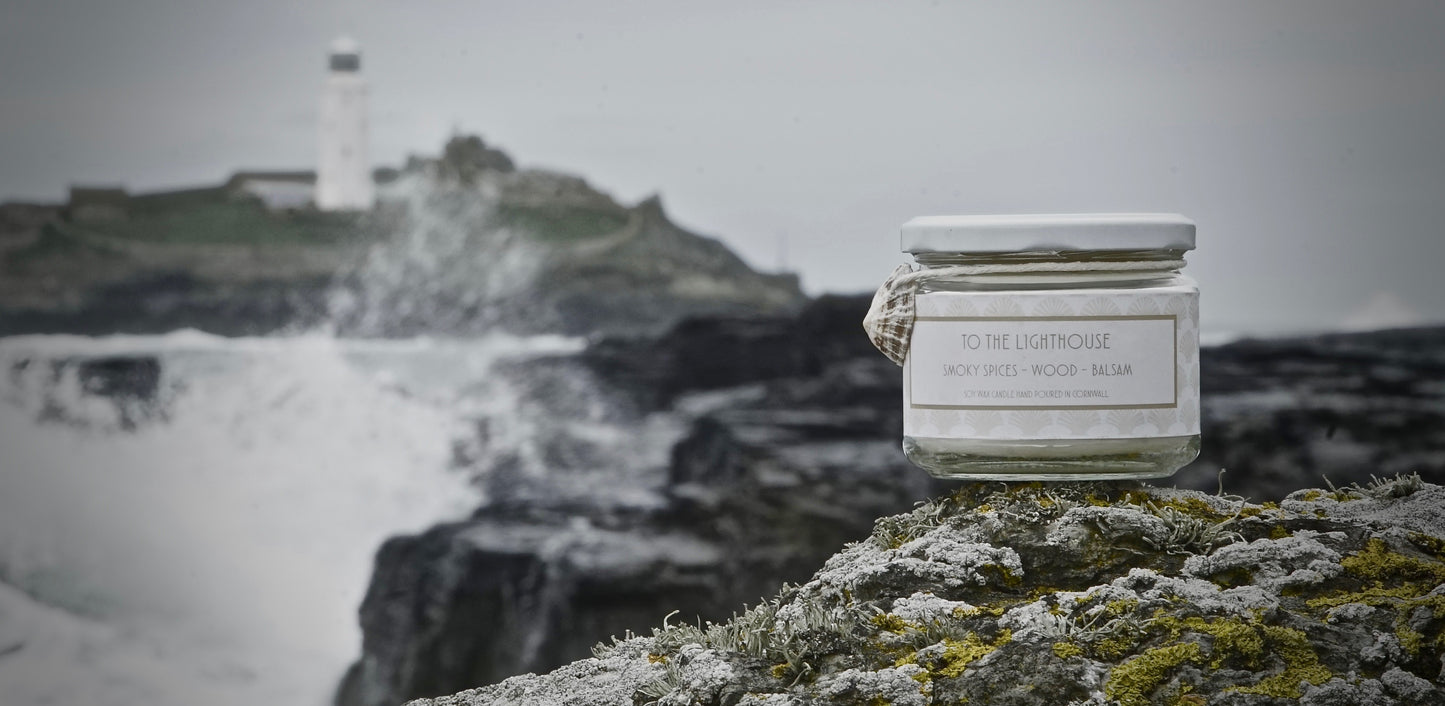 To The Lighthouse Candle  £20  Smoky Spices – Wood – Balsam  &nbsp;Sensual aroma of sun baked wood and smoky spices over masculine balsam notes. Shop candles. Best selling candles. Vegan friendly. Cruelty free. Daphne du Maurier, Godfrey Lighthouse.  Shop Cornwall/ Coastal Living. Coastal Style