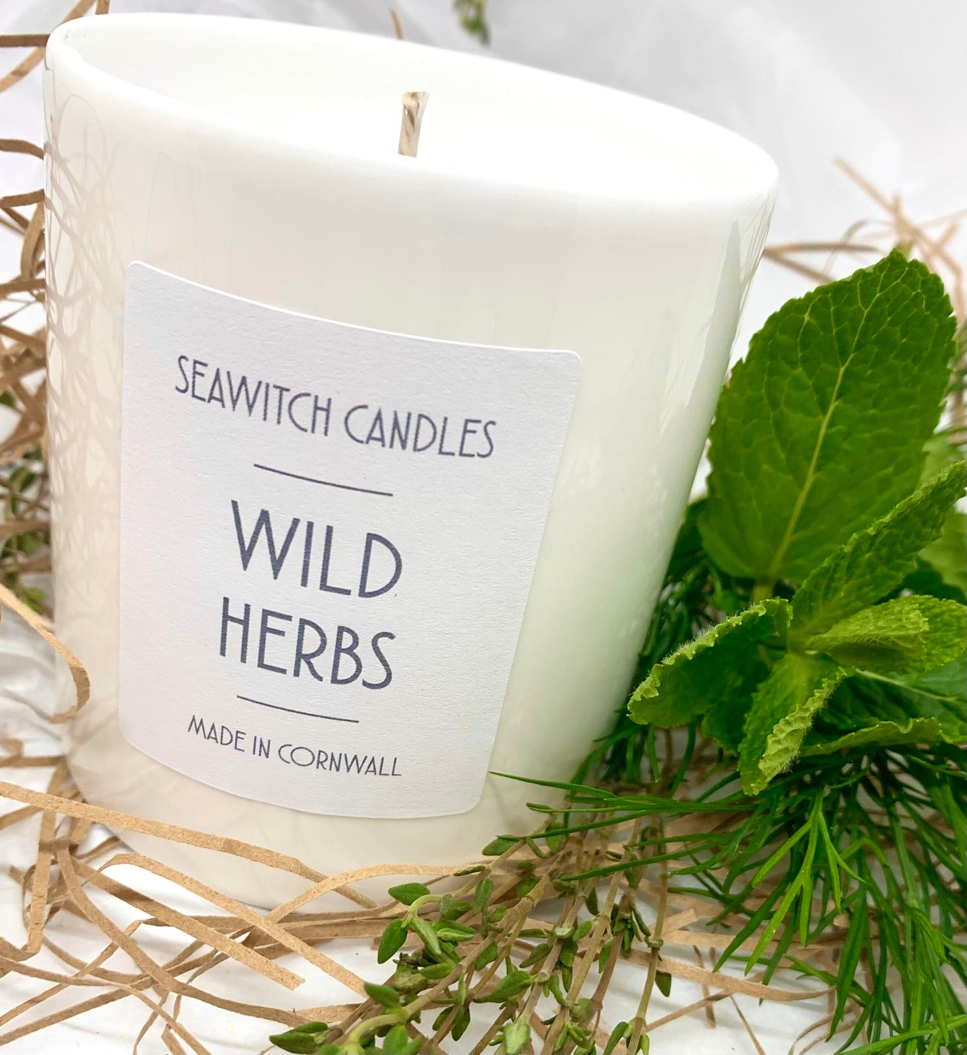 A vibrant, refreshing blend of wild Mediterranean herbs  Burn time of at least 50 hours  &nbsp;Ingredients: natural vegan plant wax, fragrance oils, cotton wick  This candle is hand poured into a white china pot and is made in Mousehole, Cornwall by Seawitch Candles